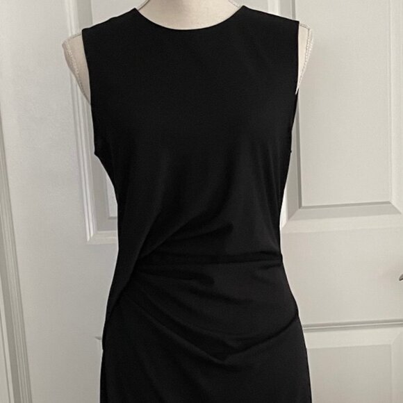 THEORY BLACK DRAPED SLEEVELESS SHEATH DRESS - SIZE MEDIUM - Picture 4 of 10